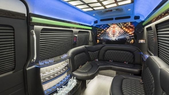 Interior of Charter Bus Company Cedar Rapids's Sprinter Limo in Cedar Rapids